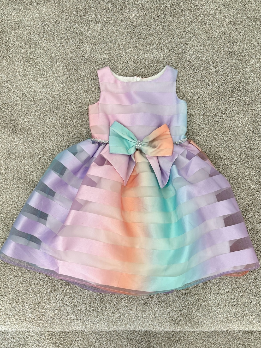 Girls Bonnie Jean Pastel Rainbow Striped Bow Dress Size 4